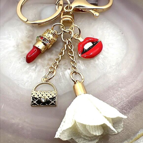 Lips, Lipstick, Purse and Flower Purse Charm Keychain - Adorable - NEW - Picture 1 of 4
